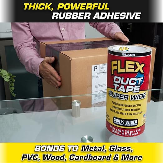 Flex Duct Tape, Super Wide, 7.5 Inches x 20 Feet, Black, Heavy Duty Strong, Multi-Surface, Water, Weather and UV Resistant, Tearable, Perfect for Boxes, No Residue