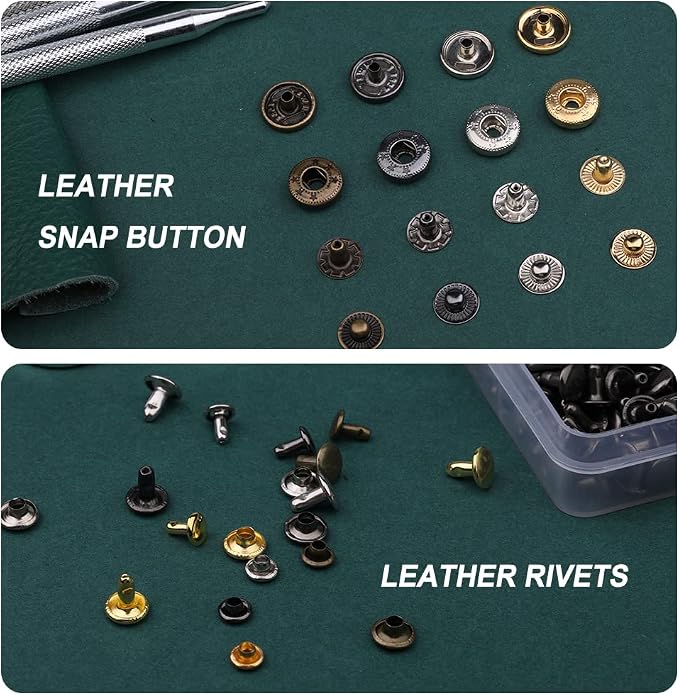 Yizzvb 320 Pcs Leather Rivets Kit, 60 Pcs Leather Snap Fasteners, 2 Size Double Cap Rivets Tubular, Double-Sided Nylon Hammer Fixing Tool Kit, Installation Tools for DIY Projects, Shoes and Repair