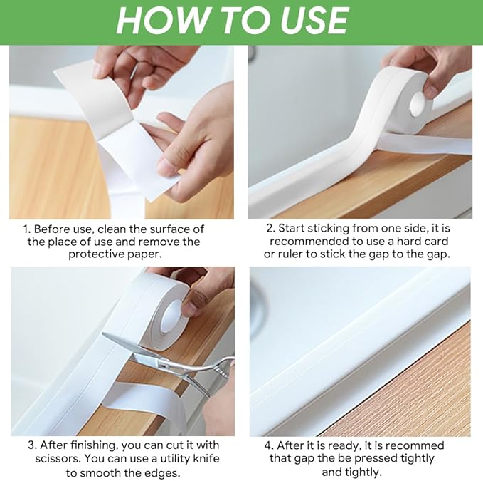 2 Pack Caulk Strip, 1.5" x 10.5Ft PVC Self Adhesive Caulk Tape, Sealing Waterproof Silicone Tape for Bathroom Bathtub Kitchen Toilet Wall Windows