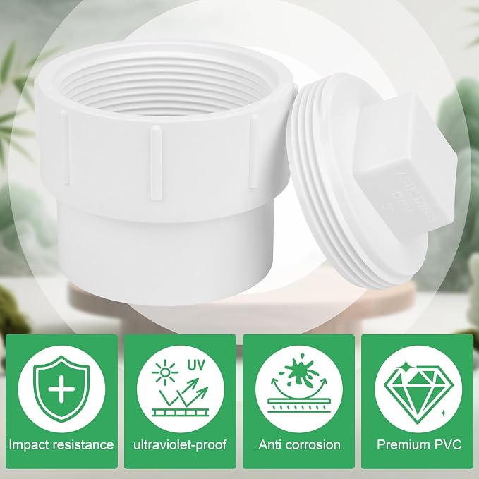 2Pack 3" PVC Sewer Cleanout Adapter with Plug Pipe Fitting SCH40 PVC DWV Flush Female Sewer Cleanout Cap Cover for Drainage Piping System, Outdoor Garden, RV