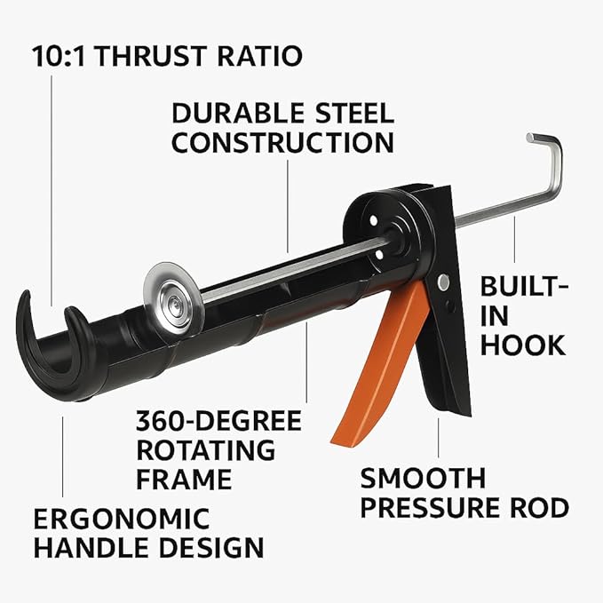 ADAK - Professional Caulking Gun, 10:1 Thrust Ratio, Caulking Gun No Drip, Hand Tool for Silicone & Sealant Application, Smooth Pressure Caulk Gun, Caulking Gun Tool