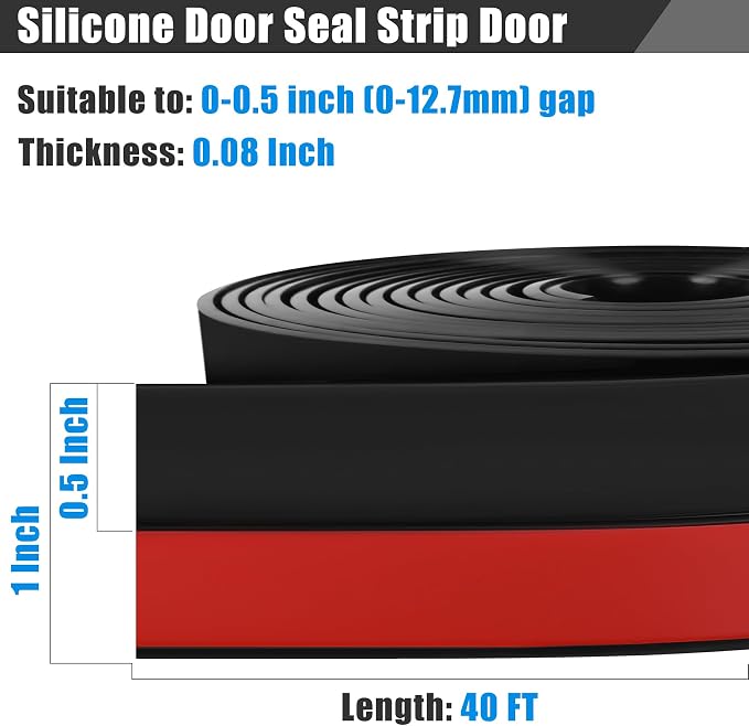 Draft Seal Tape for Doors and Windows 1 in x 40 Ft Silicone Weather Stripping Extra Thick 2mm Door Seal Strip with Strong Adhesive Draft Insulation Stopper Side Seal - Black