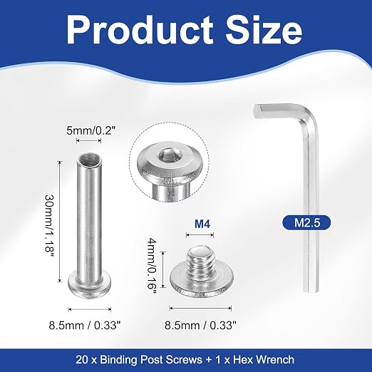 PATIKIL M4x4mm Hex Chicago Screws 5x30mm, 20Pcs 304 Stainless Steel Metric Hex Drive Socket Cap Binding Post Screw Posts for Scrapbook Leather Belt Album Furniture Repair, Silver