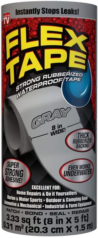 Flex Tape, 8 in x 5 ft, Gray, Original Thick Flexible Rubberized Waterproof Tape - Seal and Patch Leaks, Works Underwater, Indoor Outdoor Projects - Home RV Roof Plumbing and Pool Repairs