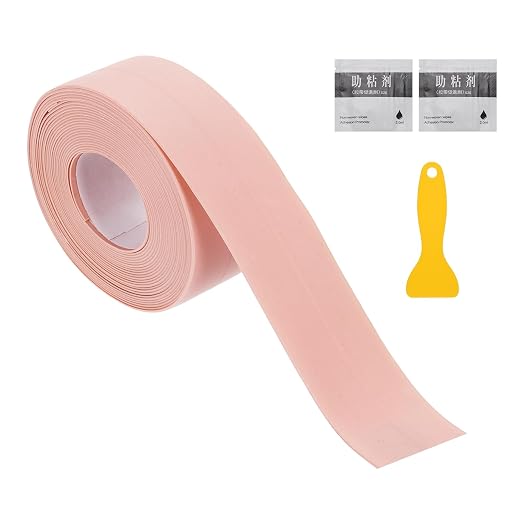 uxcell Caulk Tape Waterproof, 0.83 Inch x 10.5 ft Self-Adhesive Sealant Sealing Strip Caulking Sealant Tape PVC with Tool for Kitchen Sink Toilet Bathroom Bathtub Floor, Pink
