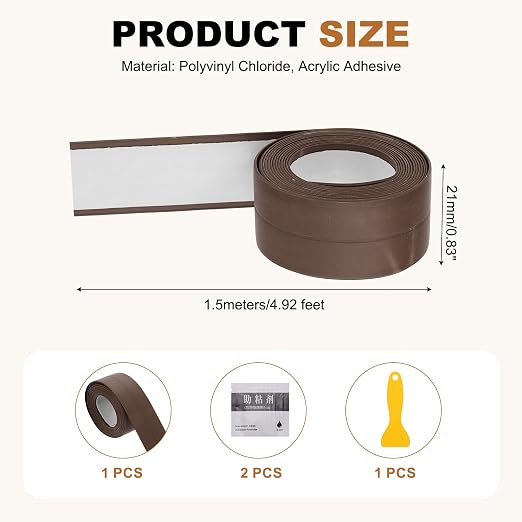 uxcell Caulk Tape Waterproof, 0.83 Inch x 4.92 ft Self-Adhesive Sealant Sealing Strip Caulking Sealant Tape PVC with Tool for Kitchen Sink Toilet Bathroom Bathtub Floor, Brown