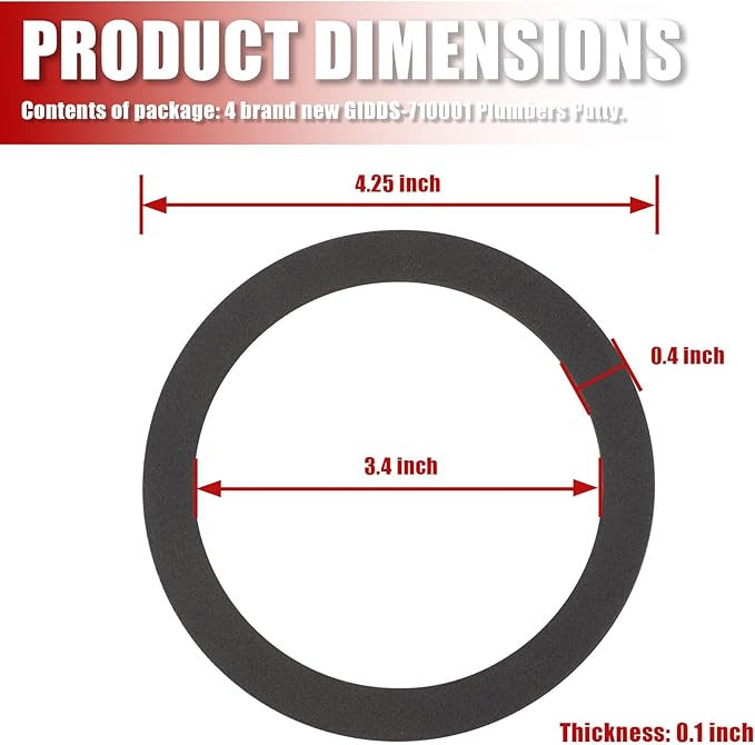 4-Pack GIDDS-710001 No Putty Sink Gasket 3-3/8", Fits All Standard Drain Attachments, Self-Adhesive Kitchen Sink Drain Gasket Seal, Replaces Plumbers Putty for Sink Drain