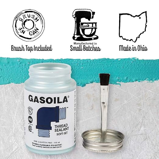 Gasoila Soft-Set Pipe Thread Sealant – Non-Hardening Paste for Metal & Plastic, 1 Pint with Brush Cap – Reliable Leak Prevention, Drip-Resistant, Temp Range -100 to 600°F, Made in USA