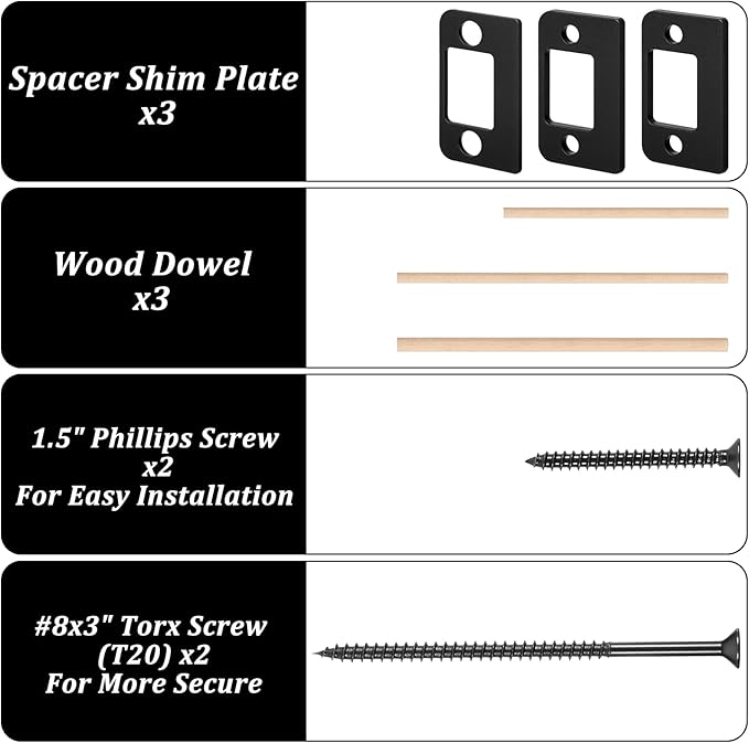 Door Strike Plate, 3 Thickness Sizes Standard Door Strike Spacer Shim Plates Stainless Steel Door-Gap Blocker Kit Doors Latch Plate with 3 Wood Dowel Strips and 4 Adapter Screw for Doors Frame Repair