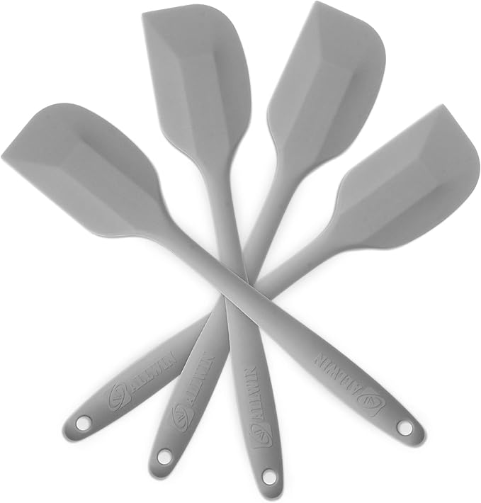 4‑Piece Silicone Spatulas Set Heat Resistant 600°F Seamless Steel‑Core Rubber Spatulas for Nonstick Cookware ALLWIN HOUSEWARE Uniform Length Kitchen Spatulas for Cooking & Baking, Grey