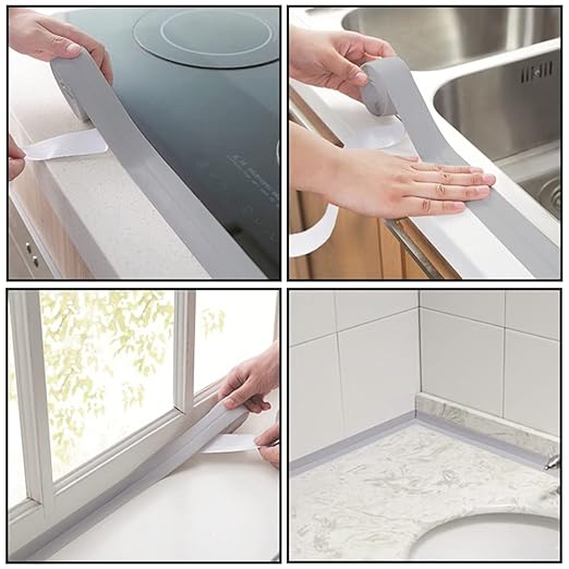 2 Pack Tape Caulk Strip PVC Self Adhesive, Waterproof Caulking Sealing Tape, Shower Floor Wall Edge Protector, Caulking Sealing Tape for Kitchen, Sink (Gray), White