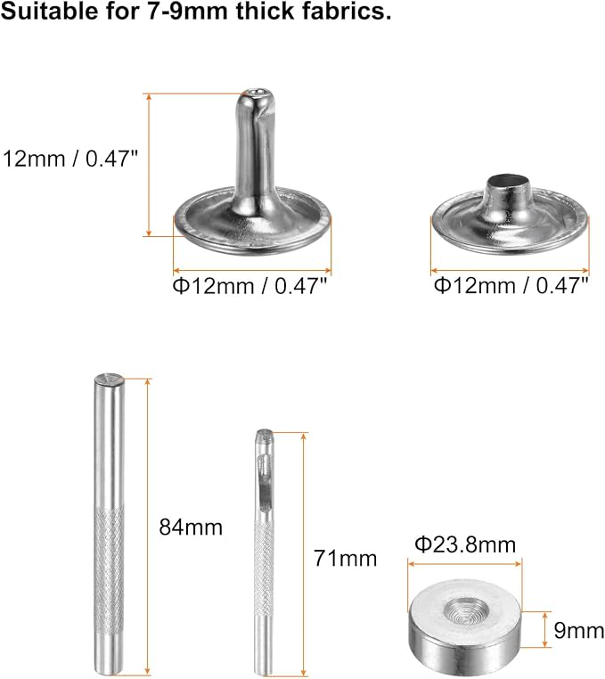 HARFINGTON 100 Sets Leather Rivets 12 x 12mm Metal Double Cap Rivet Snaps Studs Fasteners with 3pcs Setting Tools Rivets for Leather Craft DIY Repair Decoration, Silver Tone