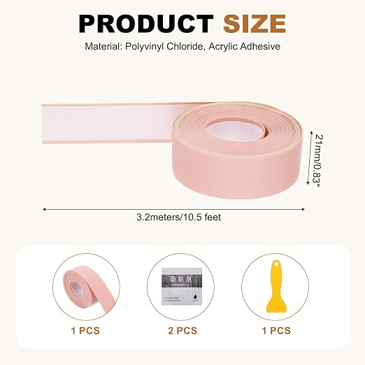 uxcell Caulk Tape Waterproof, 0.83 Inch x 10.5 ft Self-Adhesive Sealant Sealing Strip Caulking Sealant Tape PVC with Tool for Kitchen Sink Toilet Bathroom Bathtub Floor, Pink