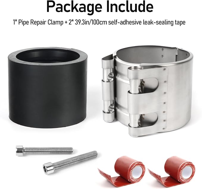 Upgraded Pipe Repair Clamp with M1 Self-Adhesive Leak-Sealing Tape | 304 Stainless Steel Rust-Proof Emergency Pipe Repair Kit for Plastic & Metal Pipes, 4"(106-112mm)