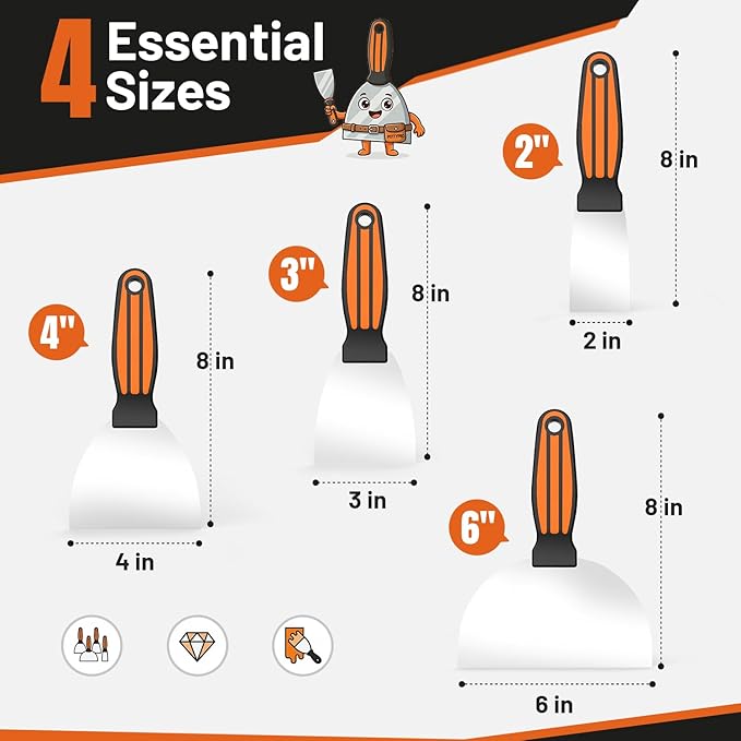 Fishark Putty Knife Set, 4 Pcs Stainless Steel Spackle Knives in 2”, 3”, 4”, 6”, Multi-Purpose Tools for Drywall Repair, Paint Scraping, Taping, Wallpaper Removal, Putty, Plaster & Adhesive