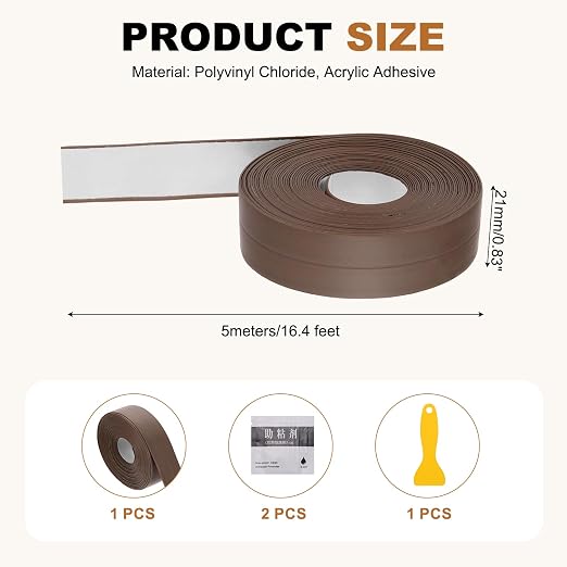 uxcell Caulk Tape Waterproof, 0.83 Inch x 16.4 ft Self-Adhesive Sealant Sealing Strip Caulking Sealant Tape PVC with Tool for Kitchen Sink Toilet Bathroom Bathtub Floor, Brown