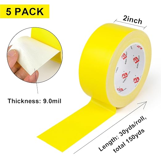 BOMEI PACK Yellow Duct Tape Heavy Dudy,9 Mil Thickness,2 Inches x 30 Yards,Strong Industrial Strength,Flexible,No Residue,Waterproof and Tear by Hand,Multi-Use for Indoor & Outdoor Repairs (5)