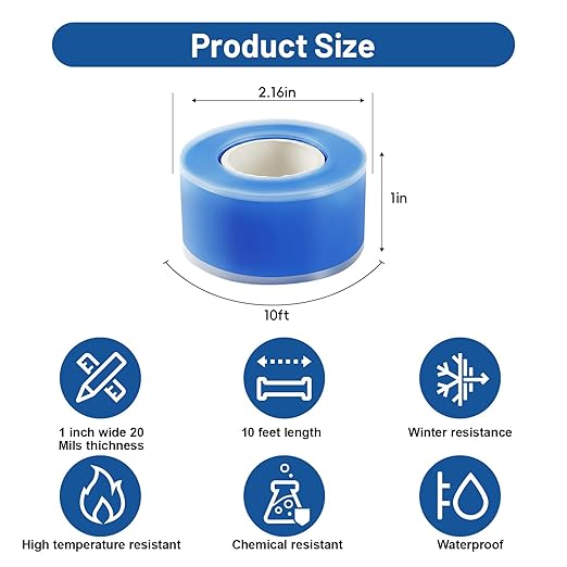 4-Pack Blue Self Fusing Silicone Tape (40 Ft Total) - Waterproof Garden Hose Repair Tape - Rubber Wire Wrap for Color Coding - UV Resistant & Easy-Peel Outdoor Seal