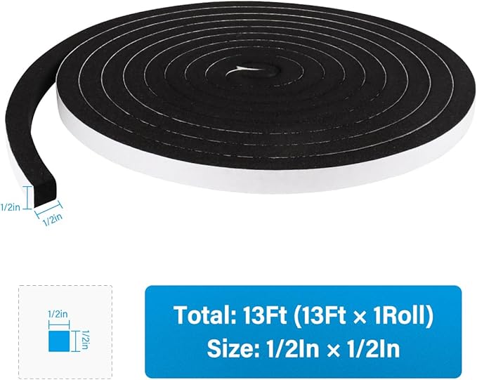 DGSL Foam Insulation Tape, 1/2In x 1/2In x 13Ft Weather Stripping Door Seal Strip for Doors and Windows,Sliding Door,Sound Proof Soundproofing Door Seal,Weatherstrip,Air Conditioning Seal Strip
