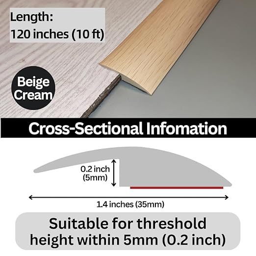 Maxiroc Floor Transition Strip Self Adhesive Carpet Wood Tile Vinyl Flooring Laminate Transition Cover Edge Trim Gap Doorway Threshold for Uneven Floors Heights Within 5 mm (120 inches, Beige Cream)