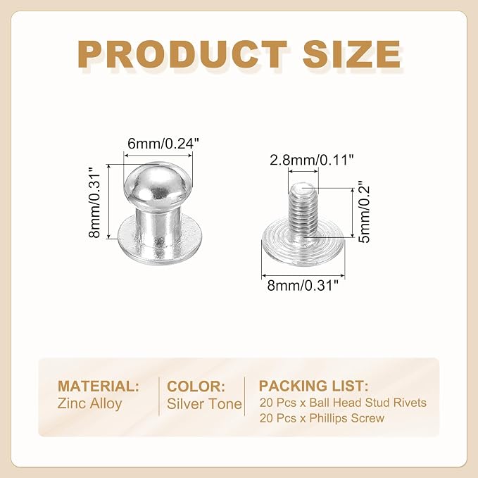 PATIKIL 6 mm Leather Rivets, 20 Sets Ball Head Stud Screw Back Round Head Button Chicago Screw Nipple Stud Rivet for Leather DIY Craft Handbag Belt Repairs, Silver Tone