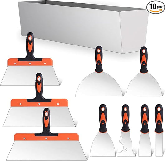 Drywall Knife Set, 10Pcs Drywall Tools Includes Stainless Steel Putty Set, Taping knife, Painter Scraper Tool & 14" Mud Pan Perfect for Joint Taping, Finishing and Patching