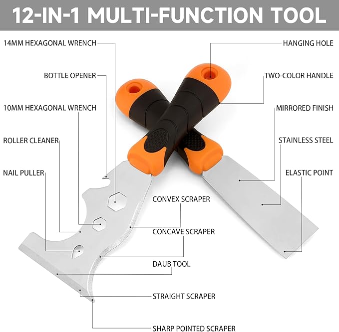WEGAZ-2 Pack, 12-In-1 Paint Scraper Tool，Multi-Use Painters Tool, 1.5 Inch Stainless Steel Putty Knife Scraper，Paint Scraper for Painting & Wood，Razor Blade Scraper