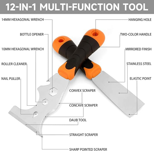 WEGAZ-2 Pack, 12-In-1 Paint Scraper Tool，Multi-Use Painters Tool, 1.5 Inch Stainless Steel Putty Knife Scraper，Paint Scraper for Painting & Wood，Razor Blade Scraper