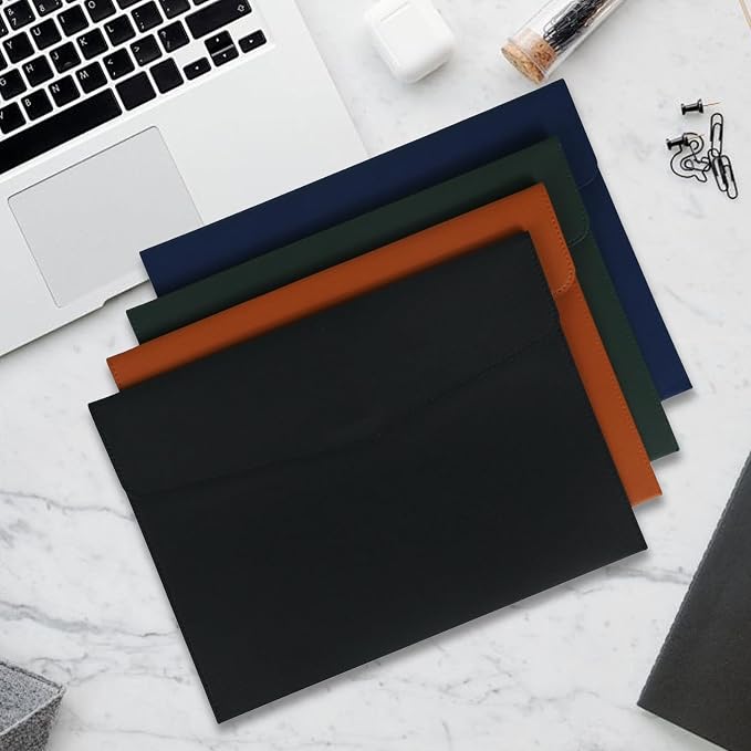 MultiBey PU Leather A4 Document Holder File Organizer with Snap Closure, Waterproof/Water‑Resistant A4 & Letter Size Envelope Folder 13 x 9.5 in - Holds up to 100 Sheets (Black)