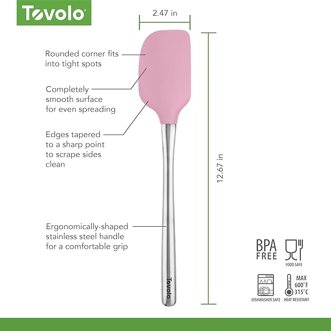 Tovolo Flex-Core Silicone Spatula Metal Handle for Scraping Bowls Mixing and Baking, Dishwasher Safe Heat Resistant Stainless Steel Silicone Spatula for Cast Iron and Nonstick Cookware, Pink Sorbet