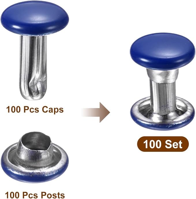 HARFINGTON 100 Sets Double Cap Leather Rivets, 6x8mm Round Cap Tubular Metal Studs Leather Crafting Rivets for Fabric Belt Pet Collar Boot Bag Repair and Decoration, Dark Blue