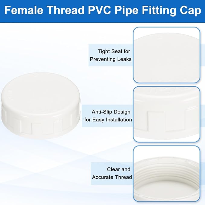 uxcell 5Pcs 2 Inch PT Female Thread PVC Pipe Fitting Cap, Cleanout Water Drain End Caps, Pipe Plug Socket Fittings with Tape for Water Heater Supply Lines, Plumbing, White