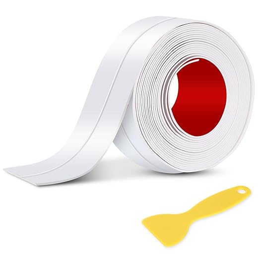 White Caulk Tape Sealant - 1 Roll Waterproof Self-Adhesive Tub & Wall Sealing Strip for Bath & Kitchen Shower Corner Sink Edge Toilet Base