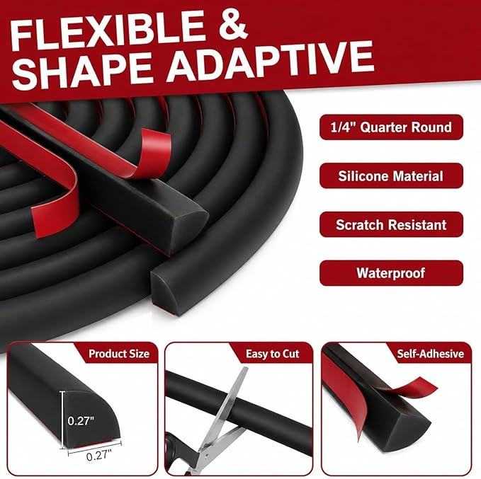 0.25" x 0.25" Mini Quarter Round Molding,20FT Self Adhesive Flexible Trim for Small Gaps, Countertop Wall Seam, Window Sill, Desk & Cabinet Edge, Peel and Stick Finishing Strip