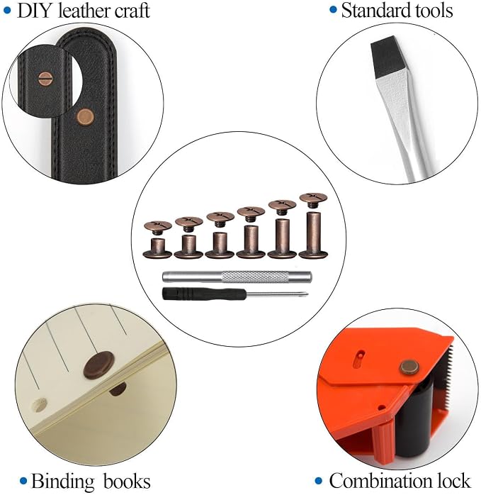 ALLOYGOLD 90 Sets Red Cooper Chicago Screws Leather Assorted Kit ，6 Sizes of Chicago Screw Rivets for DIY Leather Craft and Bookbinding (M5 X 4, 5, 6, 8, 10, 12)