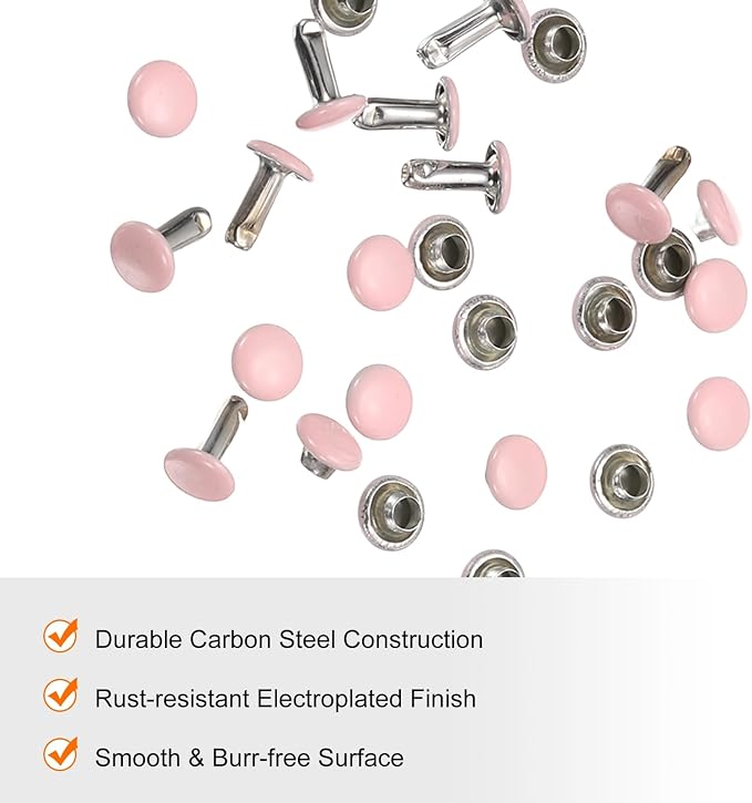 HARFINGTON 100 Sets Double Cap Leather Rivets, 6x8mm Round Cap Tubular Metal Studs Leather Crafting Rivets for Fabric Belt Pet Collar Boot Bag Repair and Decoration, Pink