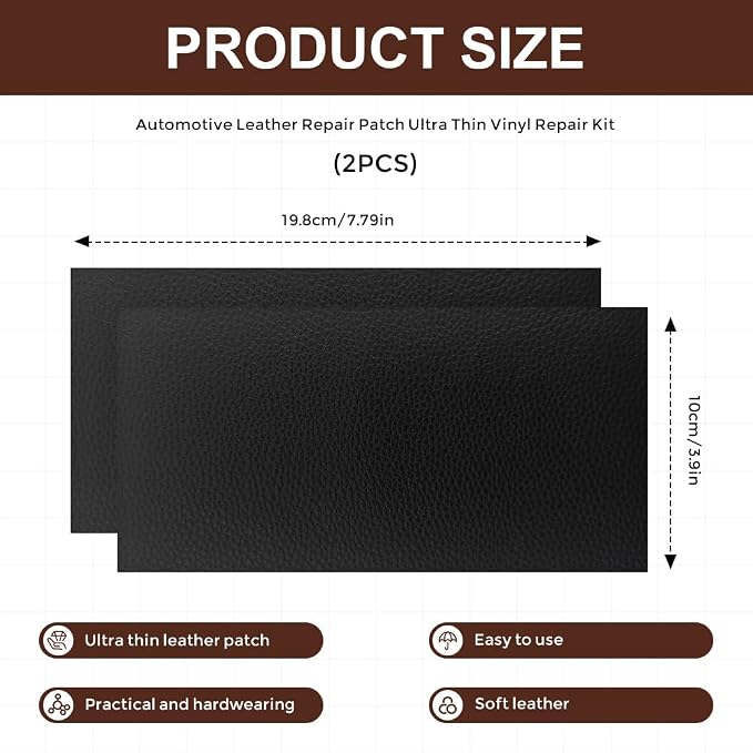 2PCS Leather Repair Patch Tape, Vinyl Patch, 4 x 8 Inches PU Vinyl Repair Patches for Car Upholstery Seat, Self Adhesive Leather Repair Patches for Furniture, Couch, Sofa, Car Seats (Black)