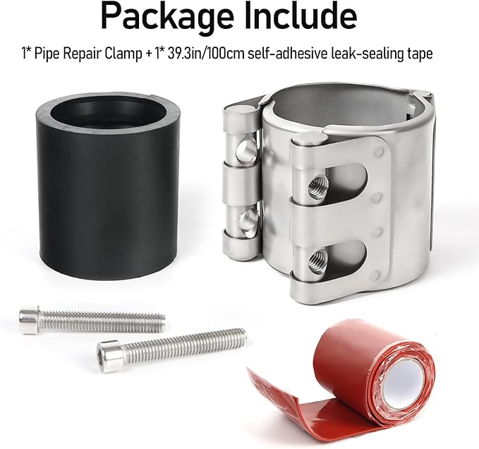 Upgraded Pipe Repair Clamp with M1 Self-Adhesive Leak-Sealing Tape | 304 Stainless Steel Rust-Proof Emergency Pipe Repair Kit for Plastic & Metal Pipes, 1-1/4"(41-44mm)
