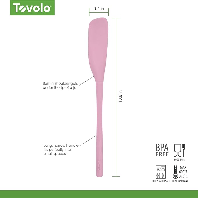Tovolo Silicone Jar Spatula Long Handled Rubber Scraping Scooping Tool for Peanut Butter Jam Jelly Jars Blenders, Extra Long Flex Core Silicone Jar Scraper Dishwasher Safe BPA Free, Pink Sorbet