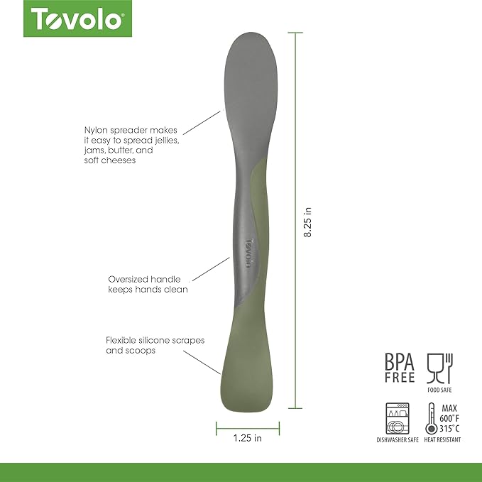 Tovolo Mini Scoop and Spread Tool for Kitchen Meal Prep Small Sandwich Spreader Spatula for Peanut Butter Jelly, Silicone BPA Free Dishwasher Safe Scooper Spreader, Thyme Green and Charcoal Gray