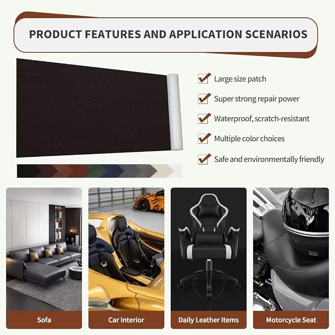 ONine Leather Repair Patch, Self-Adhesive Couch Patch, Multicolor Available Scratch Leather 16X60 Inch Peel and Stick for Sofas (New Dark Brown)