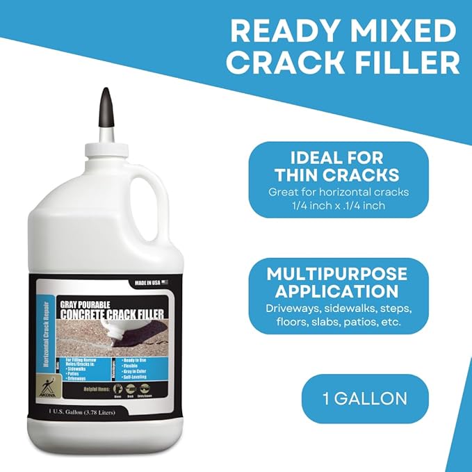 Akona Gray Pourable Concrete Crack Filler - Light Gray, Liquid Cement Crack Sealer for Driveways, Slabs, Sidewalks, Floors, Garages, & More, Waterproof (Gallon, 1)