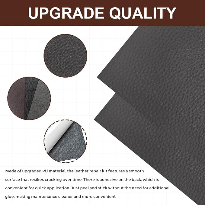 2PCS Leather Repair Patch Tape, Vinyl Patch, 4 x 8 Inches PU Vinyl Repair Patches for Car Upholstery Seat, Self Adhesive Leather Repair Patches for Furniture, Couch, Sofa, Car Seats (Gray)