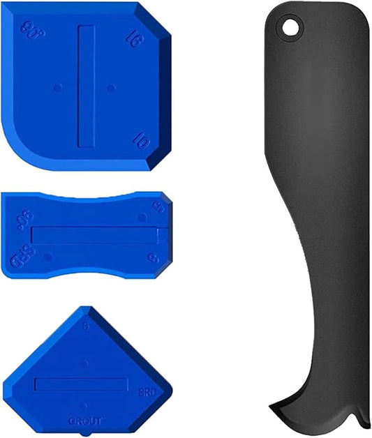 4-Piece Silicone Caulking Tool Set - Sealant Finishing Scraper Kit with Flexible Plastic Scrapers for Kitchen Bathroom Sink Floor Grout Removal (Blue)