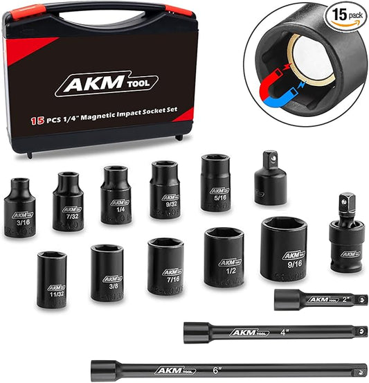 1/4 Inch Drive Magnetic Impact Socket Set, 15-Piece SAE, 1/4 Inch-9/16 Inch, 6 Point, Cr-Mo, Square Drive, Magnetic Socket with Impact Socket Adapter, Universal Joint & Extension