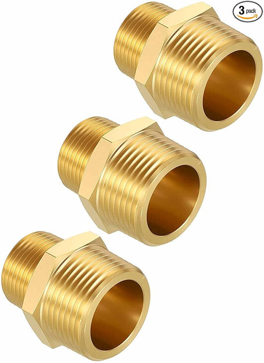 Pack of 3, 1" MNPT To 3/4" MNPT Solid Brass Hex Nipple Hose Connectors, Male Pipe Adapter for Pipe Leak Repair, Bathroom Remodeling, Tool Extension, Compression
