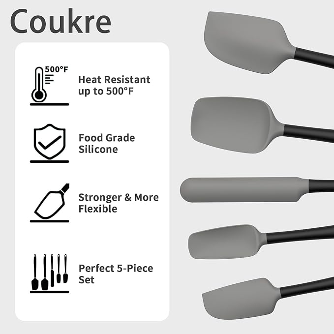 Coukre Silicone Spatula Set of 5,High Temperature Resistant, Food Grade Silicone, Dishwasher Safe, for Baking, Cooking (Gray Black)