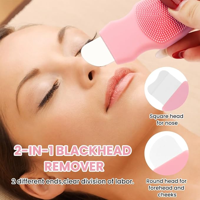Blackhead Remover Tool for Face and Nose, 2 in 1 Silicone Face Cleansing Brush and Stainless Steel Blackhead Scraper Spatula, Mask Applicator for Men and Women(Pink)