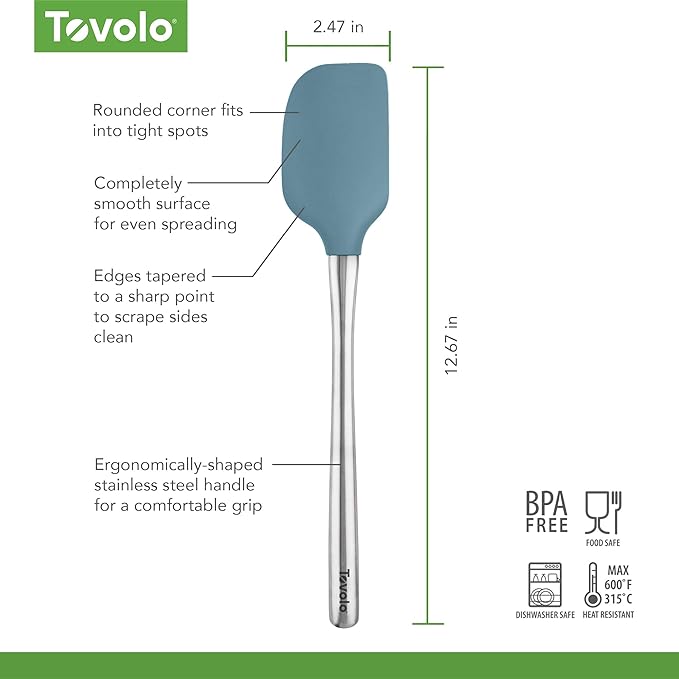 Tovolo Flex-Core Silicone Spatula Metal Handle for Scraping Bowls Mixing and Baking, Dishwasher Safe Heat Resistant Stainless Steel Silicone Spatula for Cast Iron and Nonstick Cookware, Blue Slate