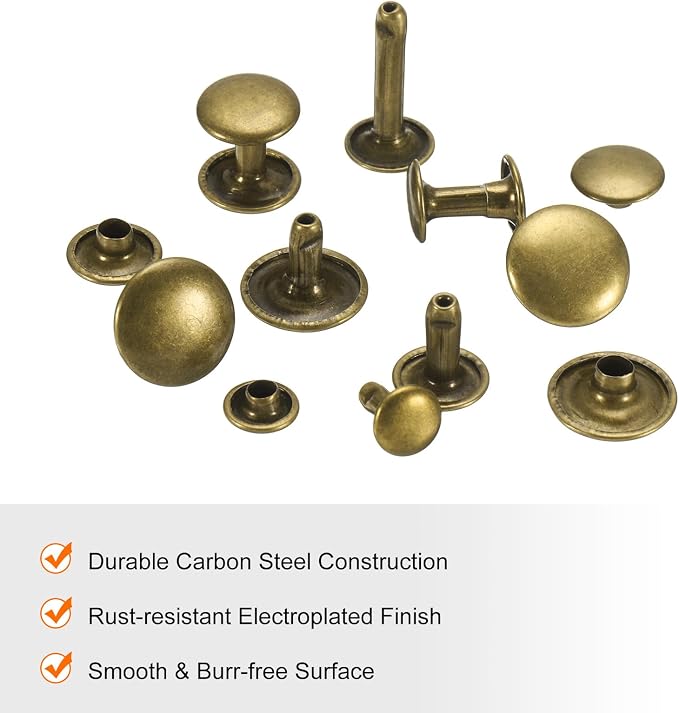 HARFINGTON 100 Sets Double Cap Leather Rivets, 6x6mm Round Cap Tubular Metal Studs Leather Crafting Rivets for Fabric Belt Pet Collar Boot Bag Repair and Decoration, Bronze